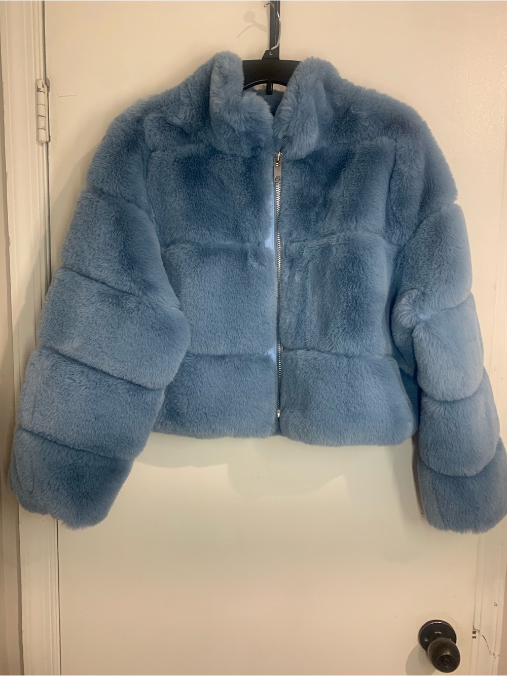 Fashion Nova Baby Blue Faux Fur Cropped Teddy Jacket